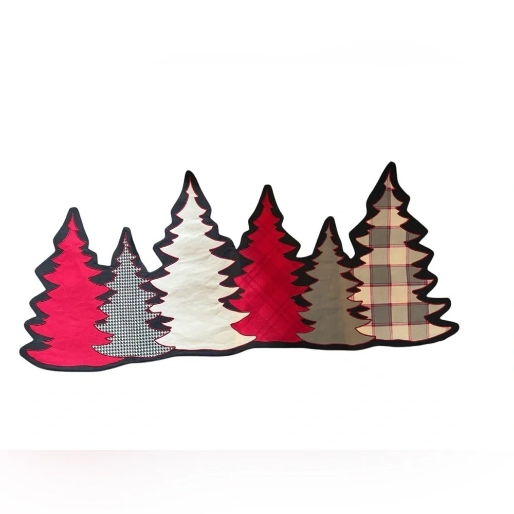 Winter Cut Out Pine Tree Table Runner Plaid Herringbone Printed  34”LX14”W Lined